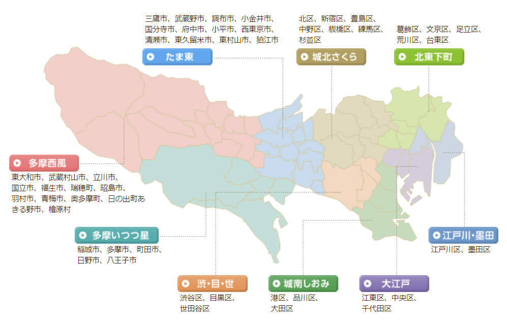 東京全体を９つのエリアに分け、委員会同士の交流や情報交換を行っています。