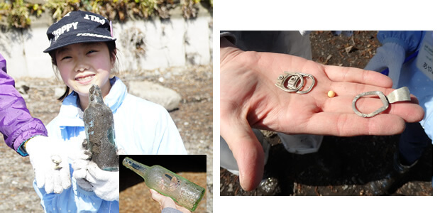 昭和初期の炭酸ぶどうジュースのビンを発掘！！（左）、缶のプルトップさえも宝物に。持ち帰ることで環境保全にも。（右）