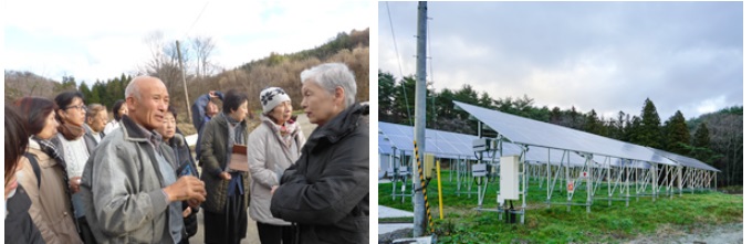 写真左：「震災以前から築地本願寺にて毎月開催される安穏朝市で農産物を販売していました」と語る菅野さん／写真右：飯館電力１号機、小林さん宅