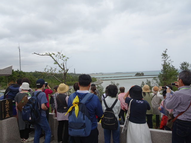 高台からキャンプ・シュワブ（辺野古基地）を眺めている様子です。新たな滑走路を建設するため、埋め立て工事が進められています。