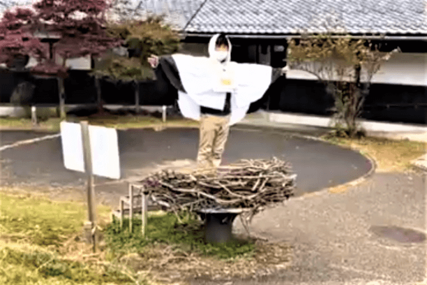 コウノトリに扮するJAたじまの住吉さん