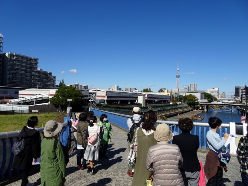 クローバー橋から見える猿江恩賜公園と横十間川