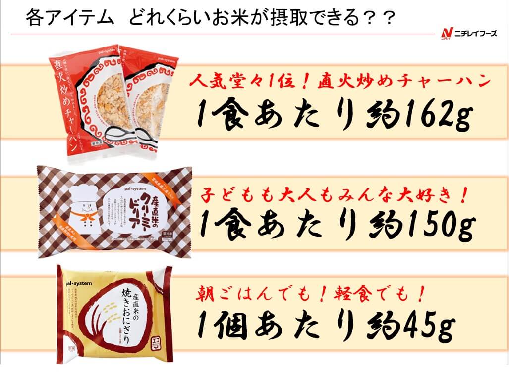 「直火炒めチャーハン」以外にも産直米を使った商品はいろいろ！※１食あたりの摂取量は、炊飯米の数値となります。