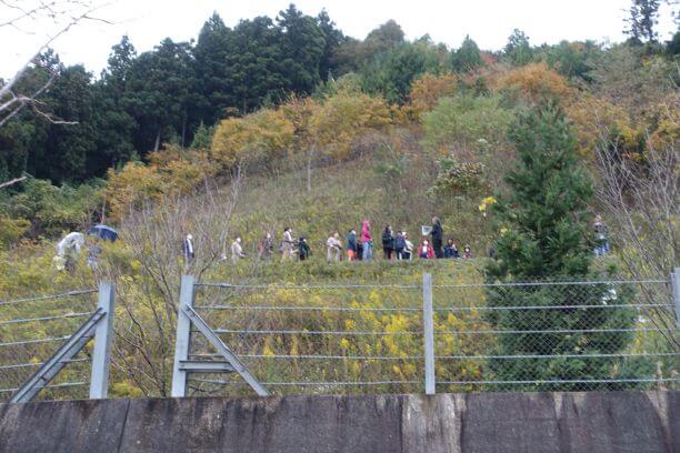 この下まで津波が来たという、校庭わきの裏山にのぼりました