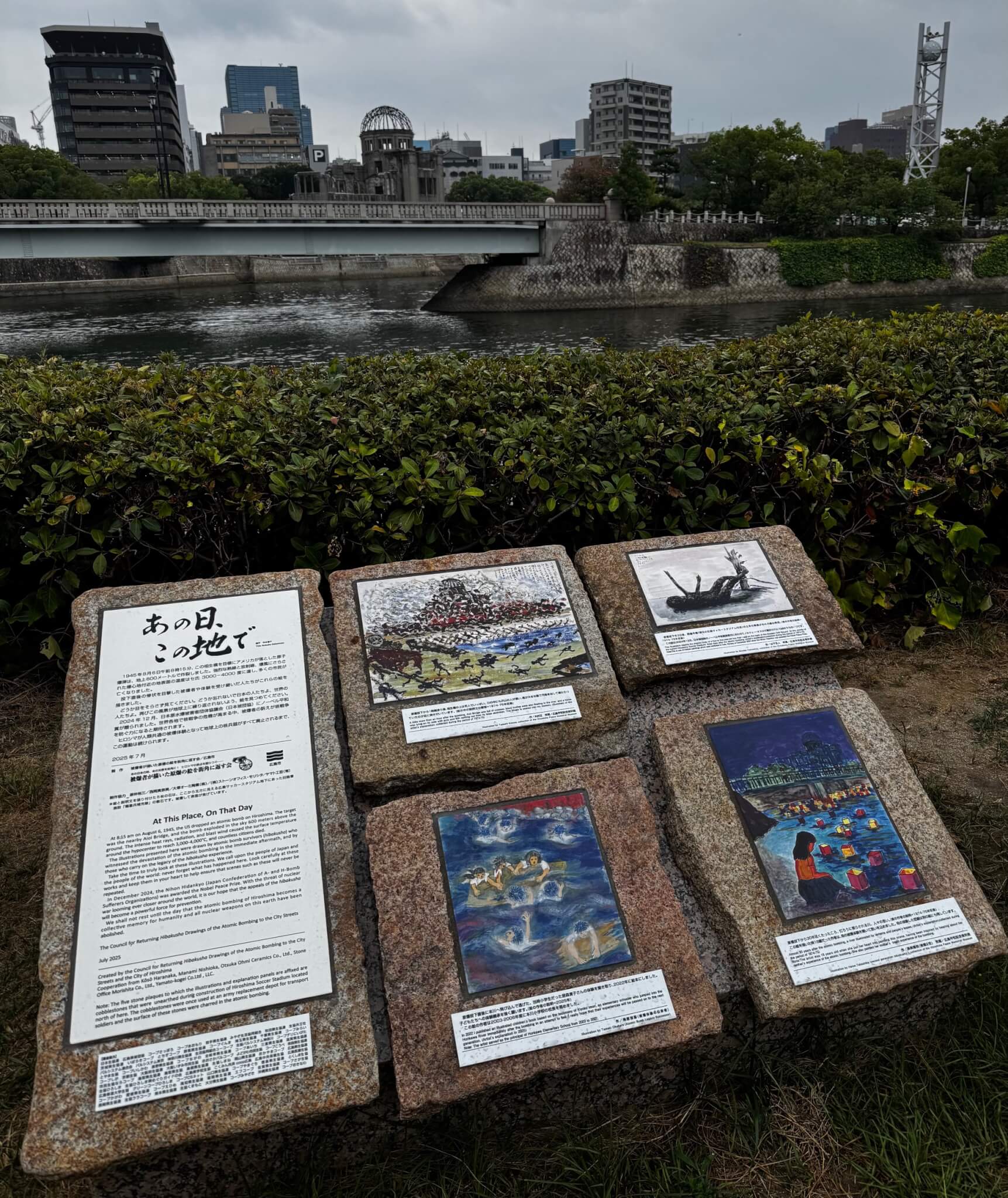 被爆樹木の前で、多賀さんの説明に耳を傾ける参加者